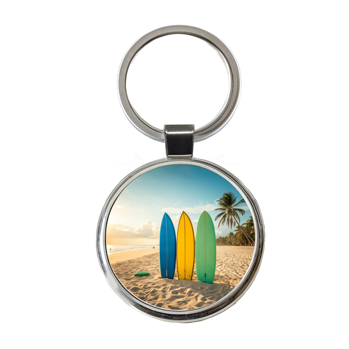 Brightly Colored Surfboards Sand Beach Ocean Round Metal Keychain