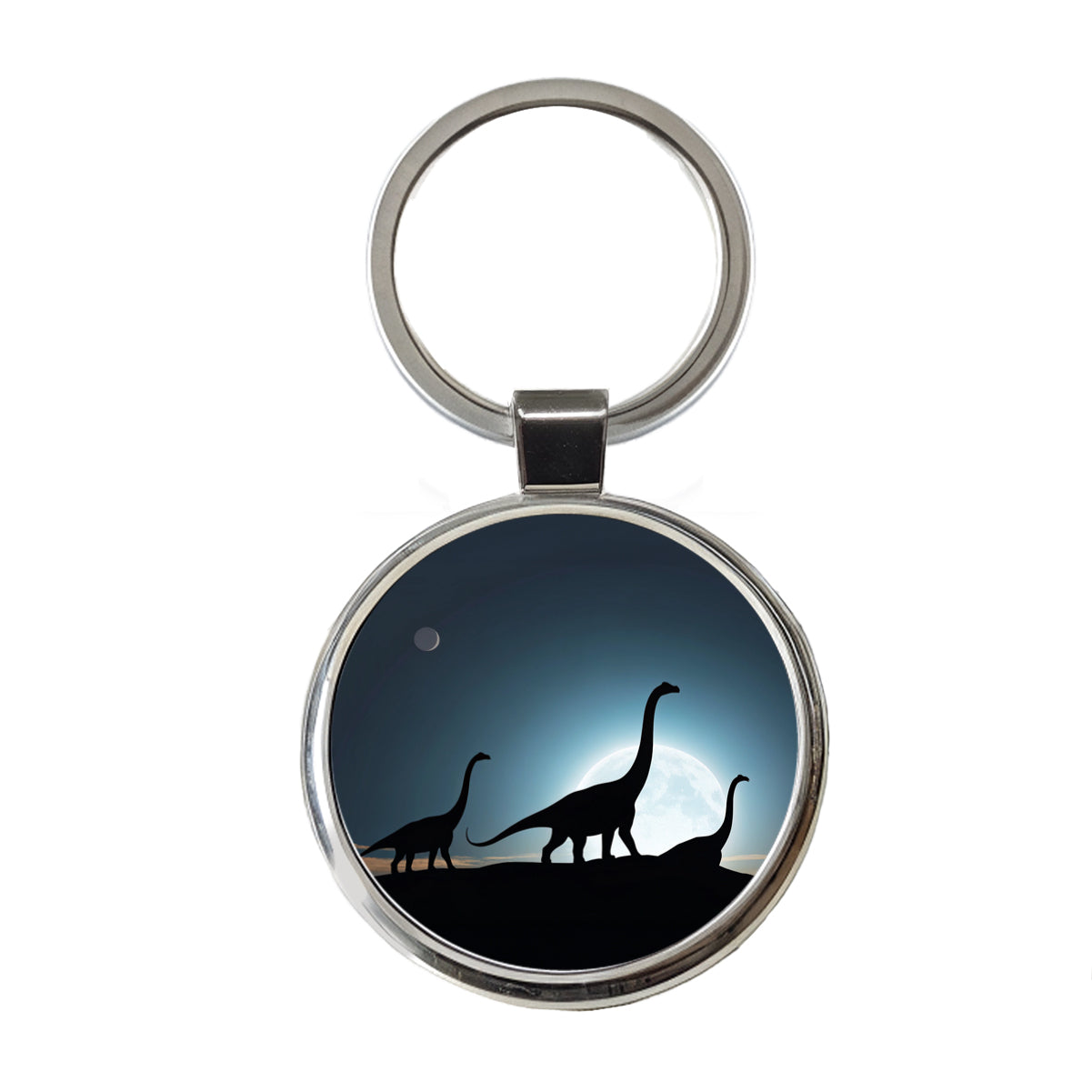 Brontosaurus Silhouettes Dinosaurs Night Sky Round Metal Keychain