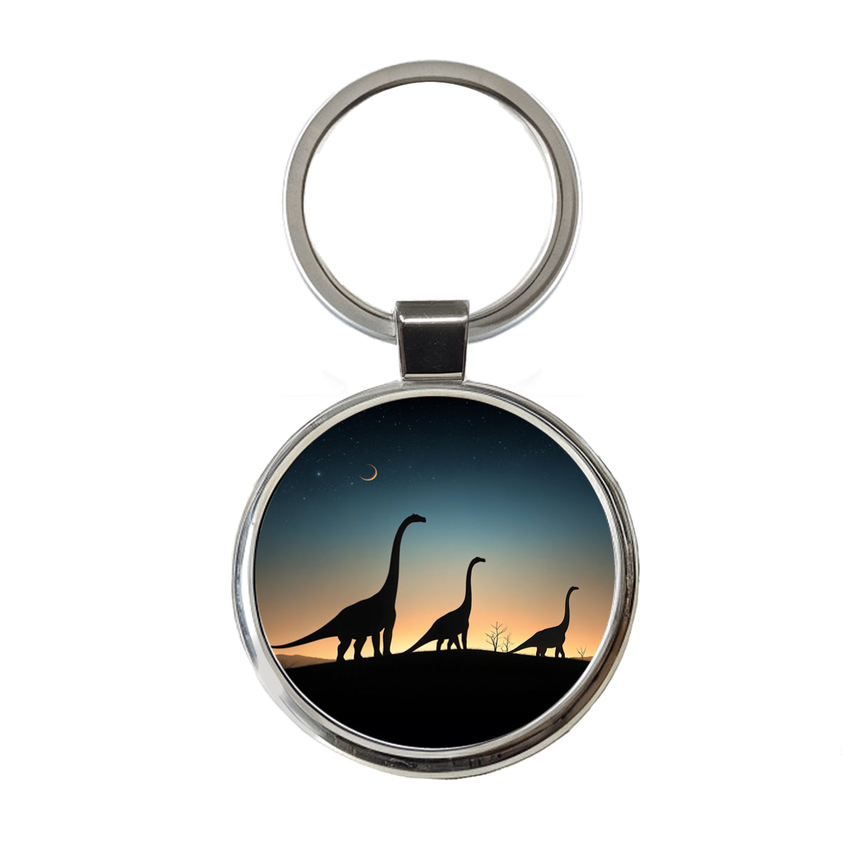 Brontosaurus Silhouettes Night Dinosaurs Round Metal Keychain