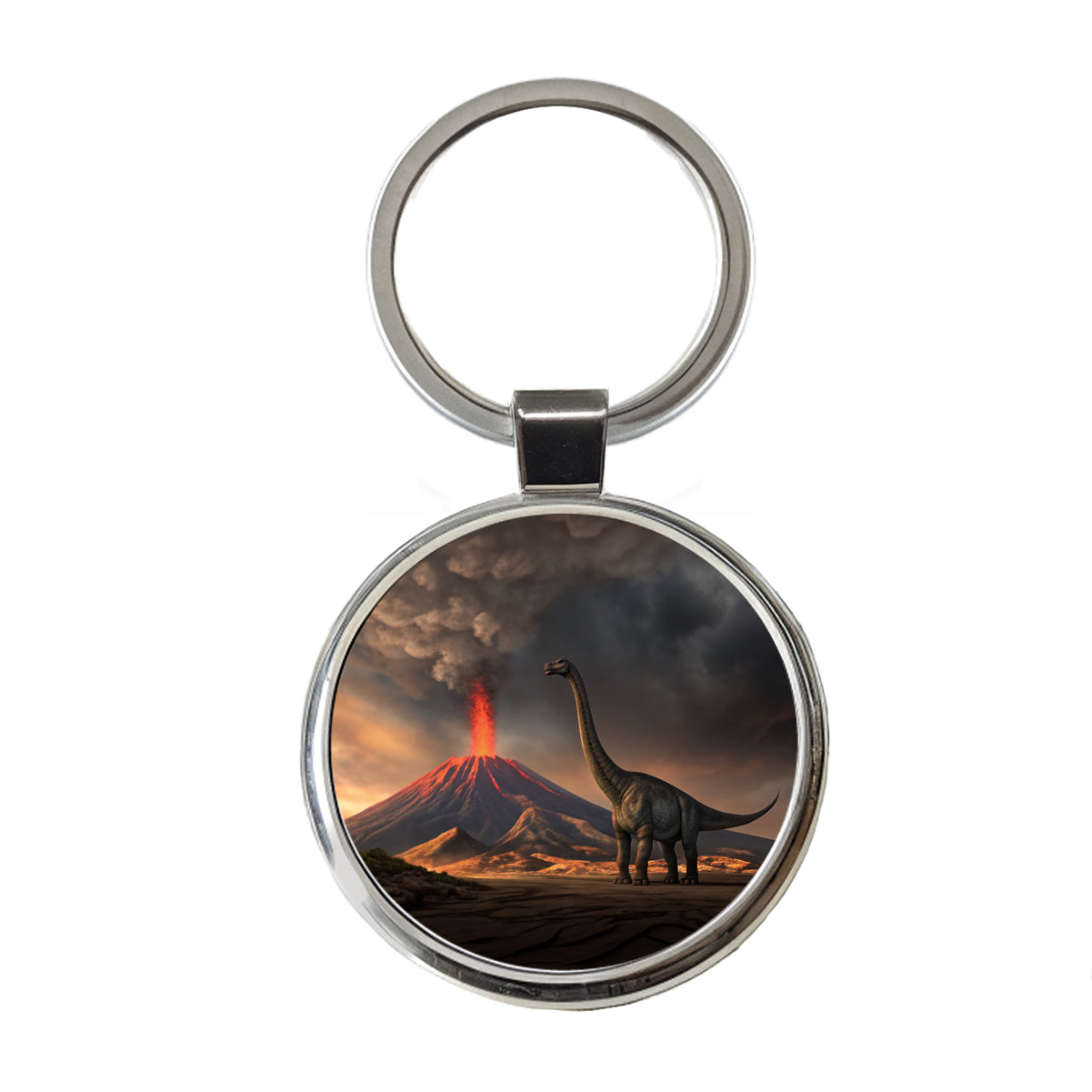 Brontosaurus Volcano Dinosaur Round Metal Keychain