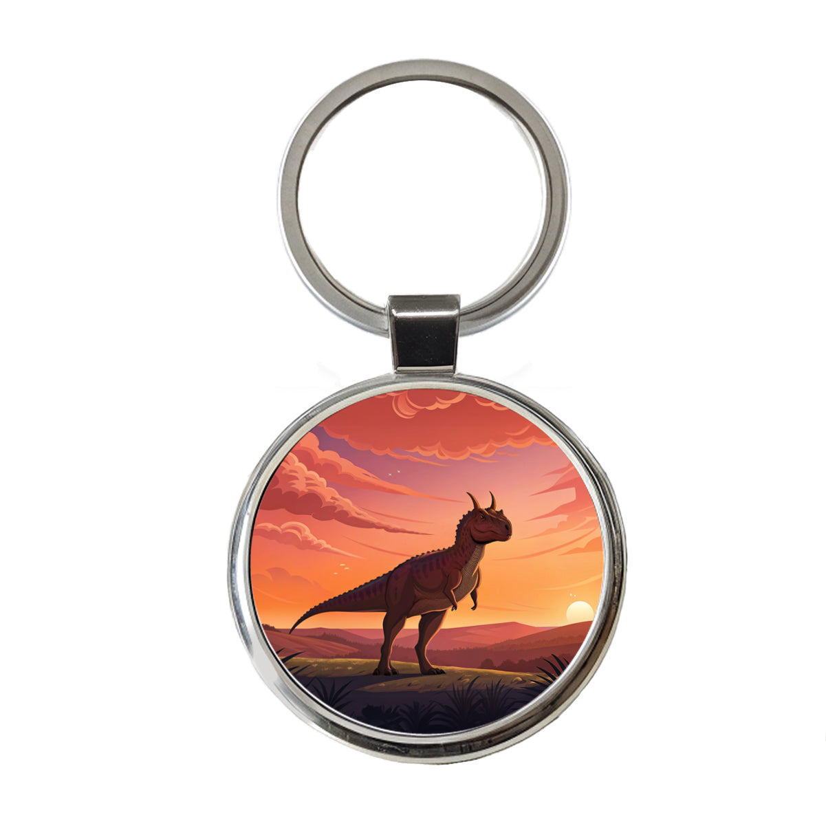 Carnotaurus Sunset Standing Dinosaur Round Metal Keychain
