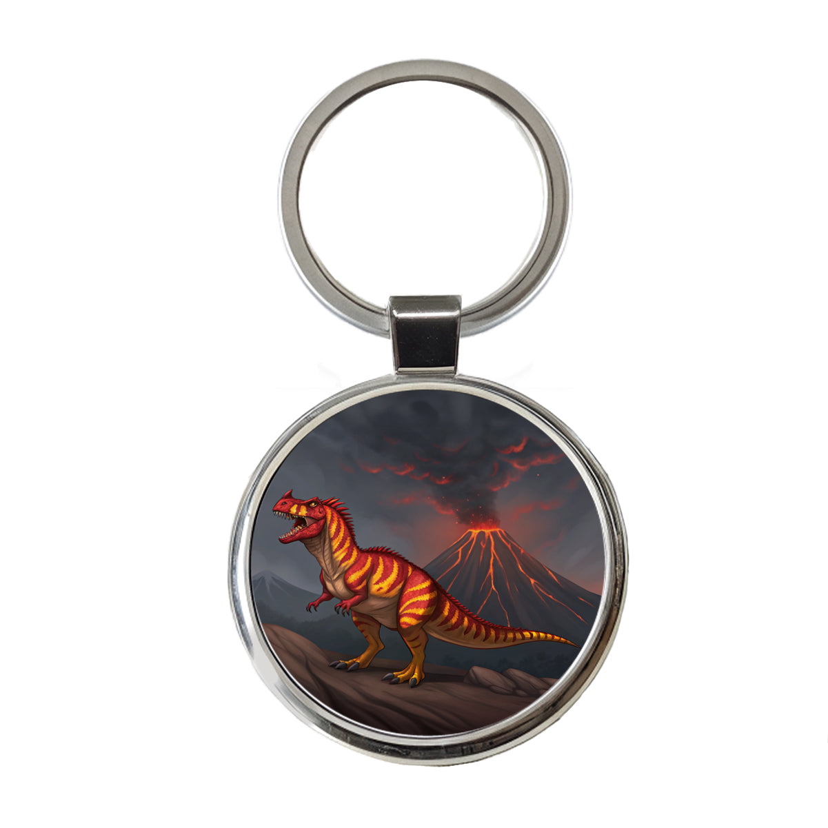 Carnotaurus Volcano Erupting Dinosaur Round Metal Keychain