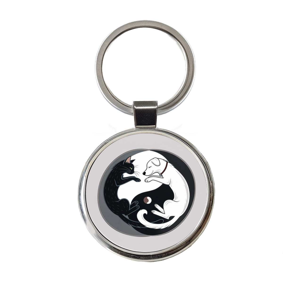 Cat Dog Black White Swirling Yin Yang Round Metal Keychain