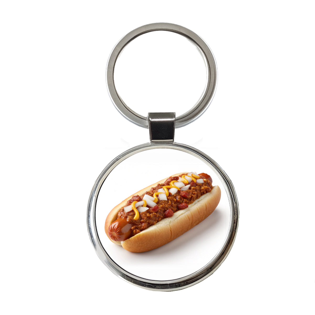 Chili Hot Dog Bun Round Metal Keychain