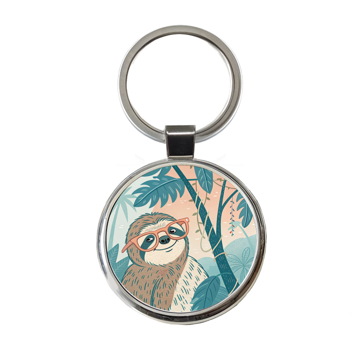 Cool Sloth Wearing Glasses Round Metal Keychain