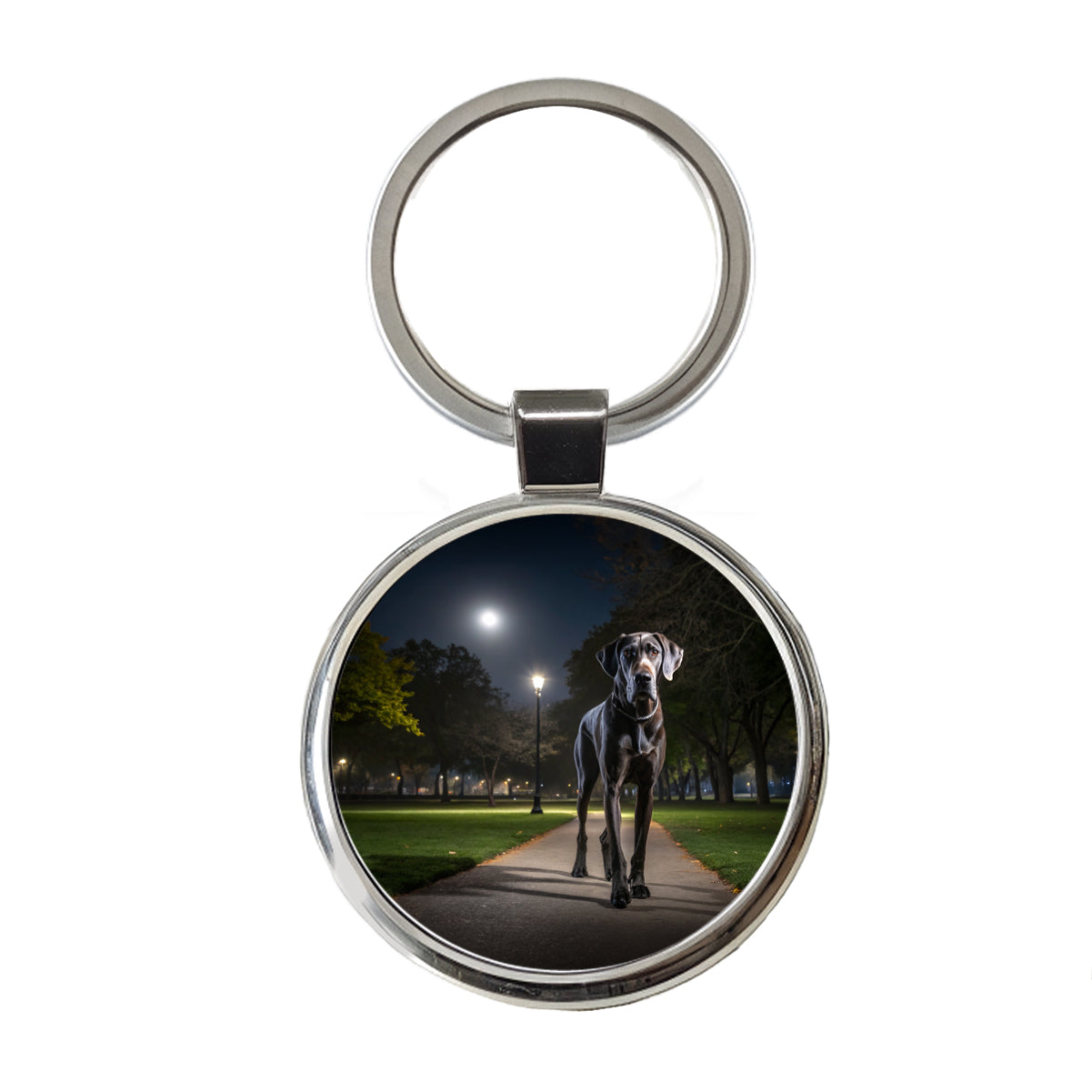 Great Dane In Park At Night Round Metal Keychain