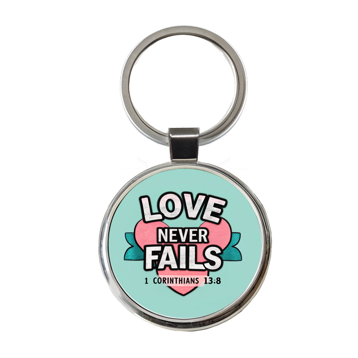 Love Never Fails Corinthians Bible Verse Round Metal Keychain