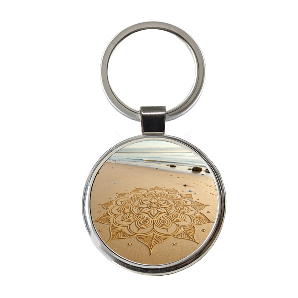 Mandala Pattern Drawn Into Beach Sand Round Metal Keychain
