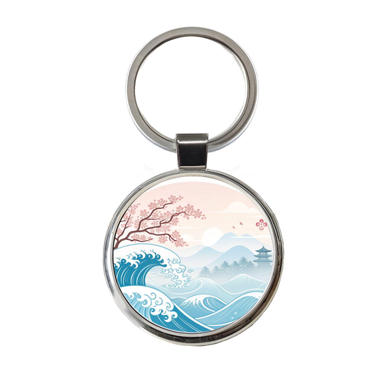 Ocean Waves Japanese Style Cherry Blossoms Round Metal Keychain