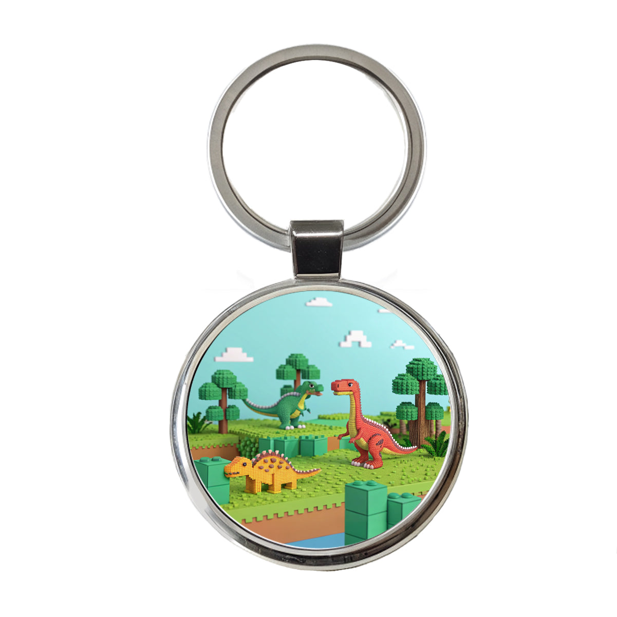 Retro 8 Bit Pixel Art Style Dinosaurs Roaming Round Metal Keychain
