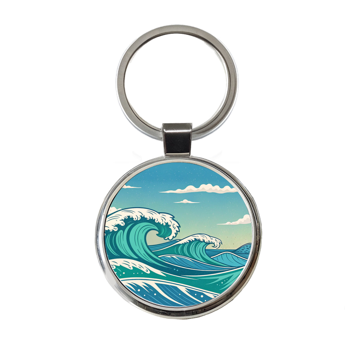 Retro Ocean Waves High Surf Round Metal Keychain