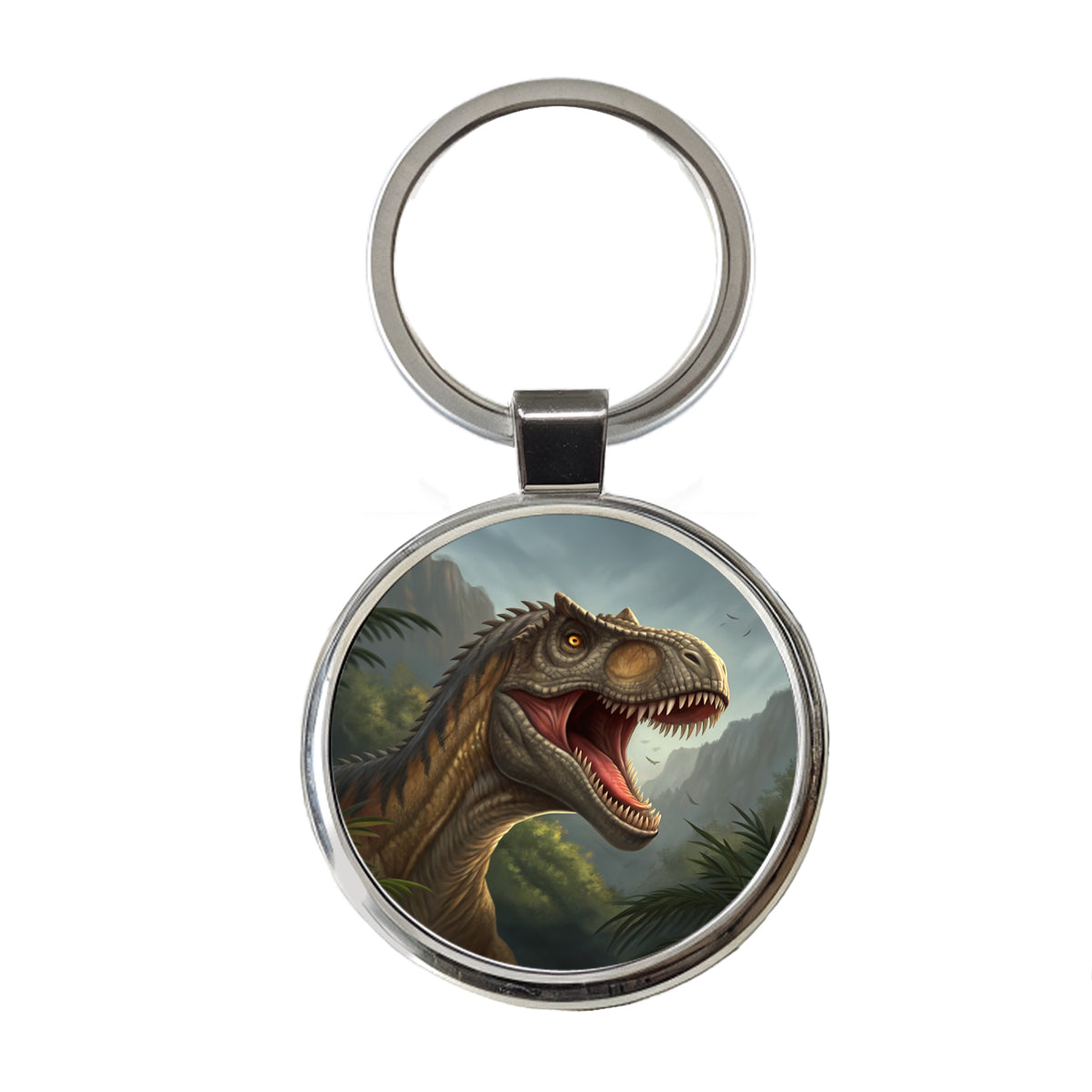 Roaring Allosaurus Dinosaur Mountains Round Metal Keychain