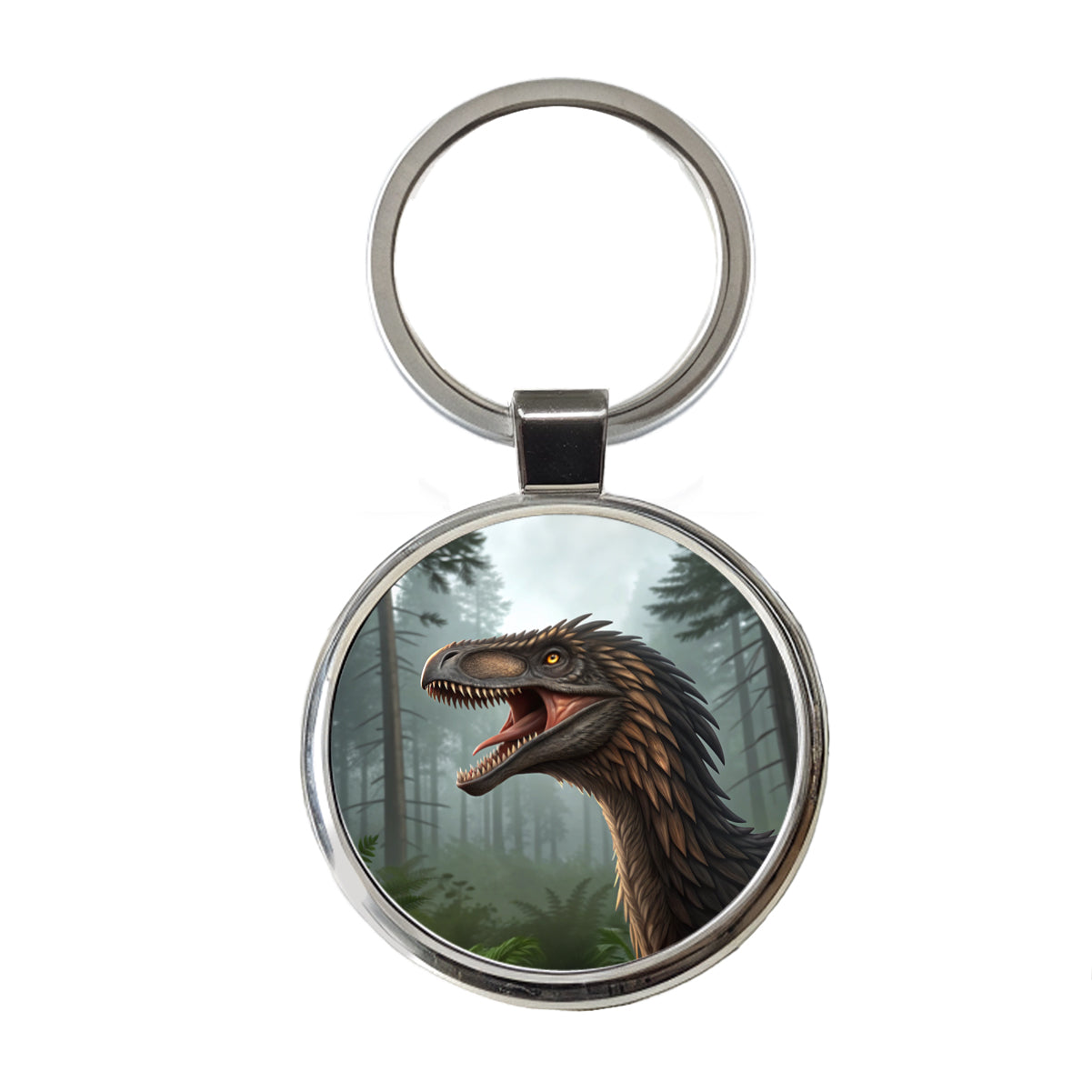 Roaring Raptor Dinosaur Round Metal Keychain