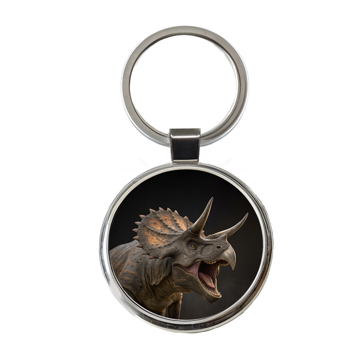 Roaring Triceratops Dinosaur Realistic Round Metal Keychain