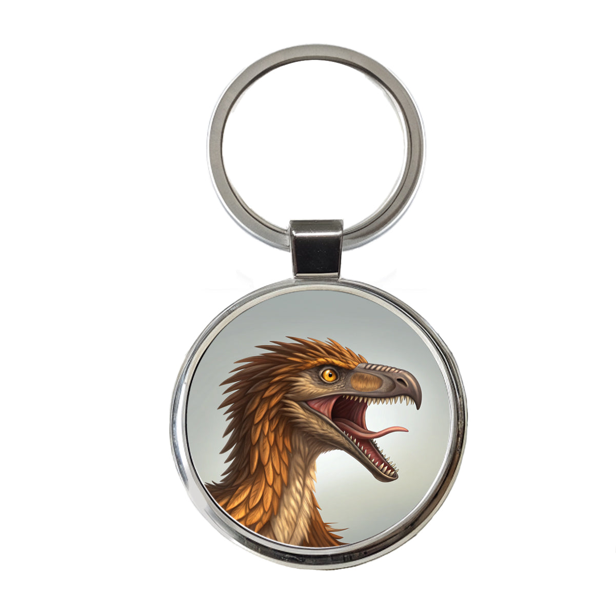 Roaring Troodon Dinosaur Round Metal Keychain