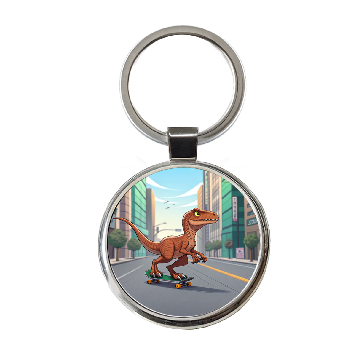Skateboarding Raptor Dinosaur Round Metal Keychain