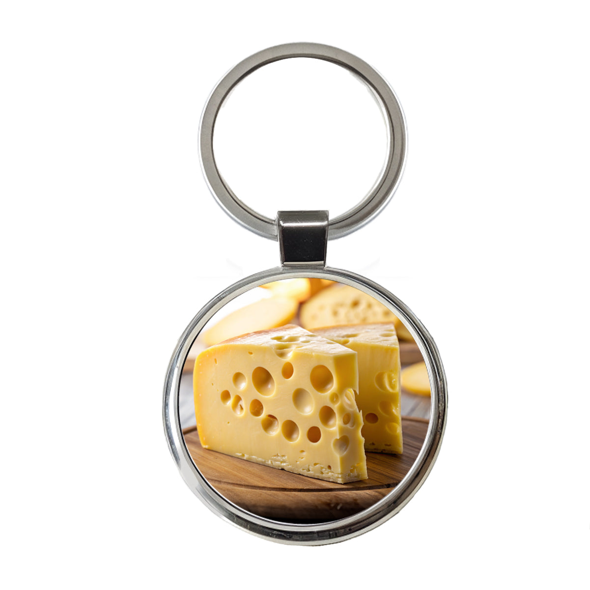 Swiss Cheese on Cutting Board Round Metal Keychain