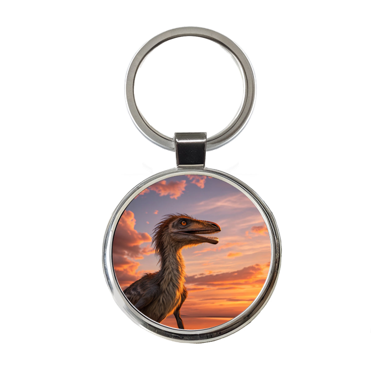 Troodon Sunset Dinosaur Round Metal Keychain