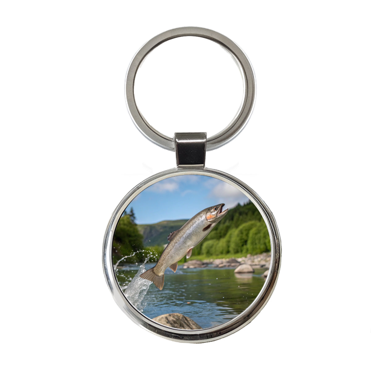 Trout Fish Jumping Fishing River Round Metal Keychain