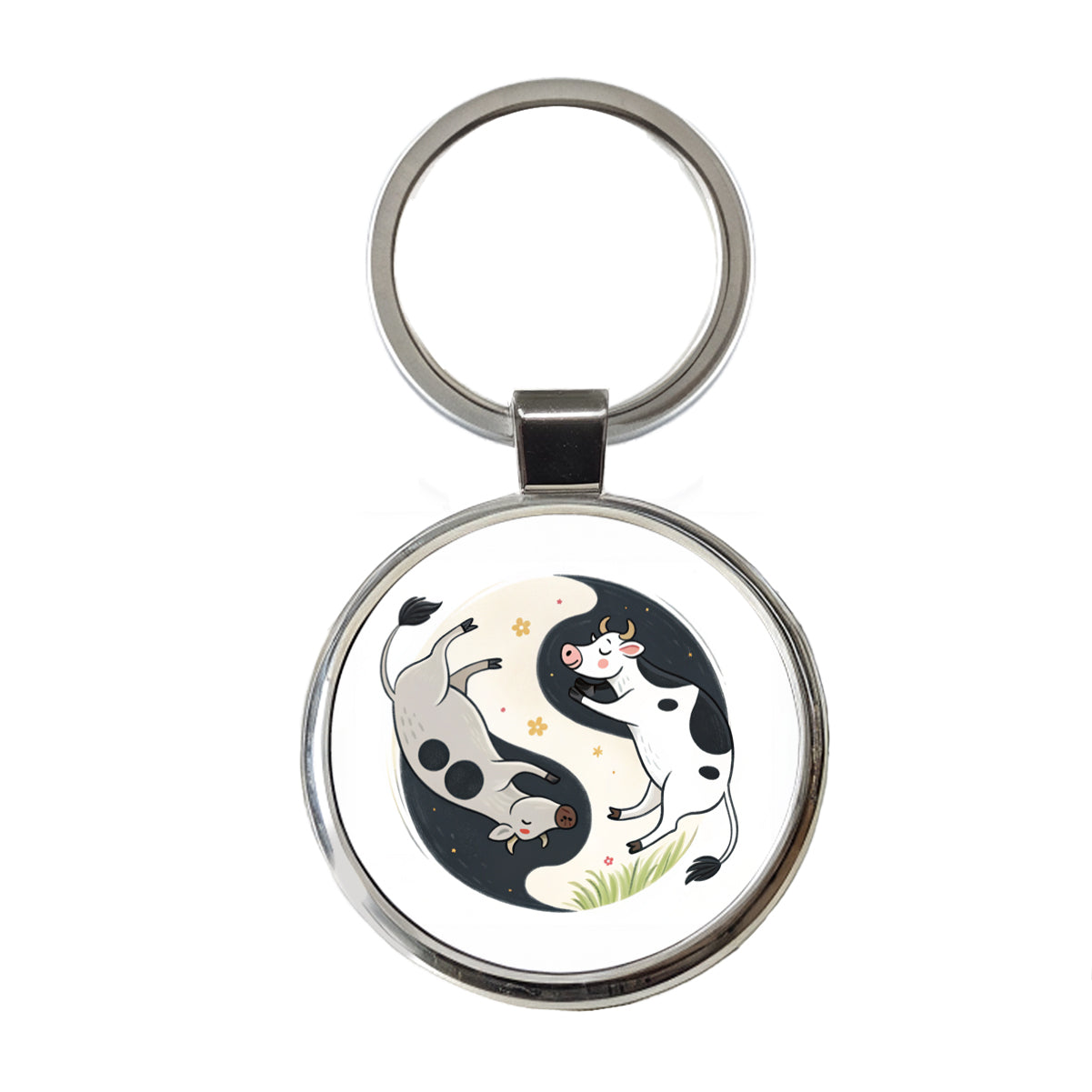 Two Cows Yin Yang Round Metal Keychain