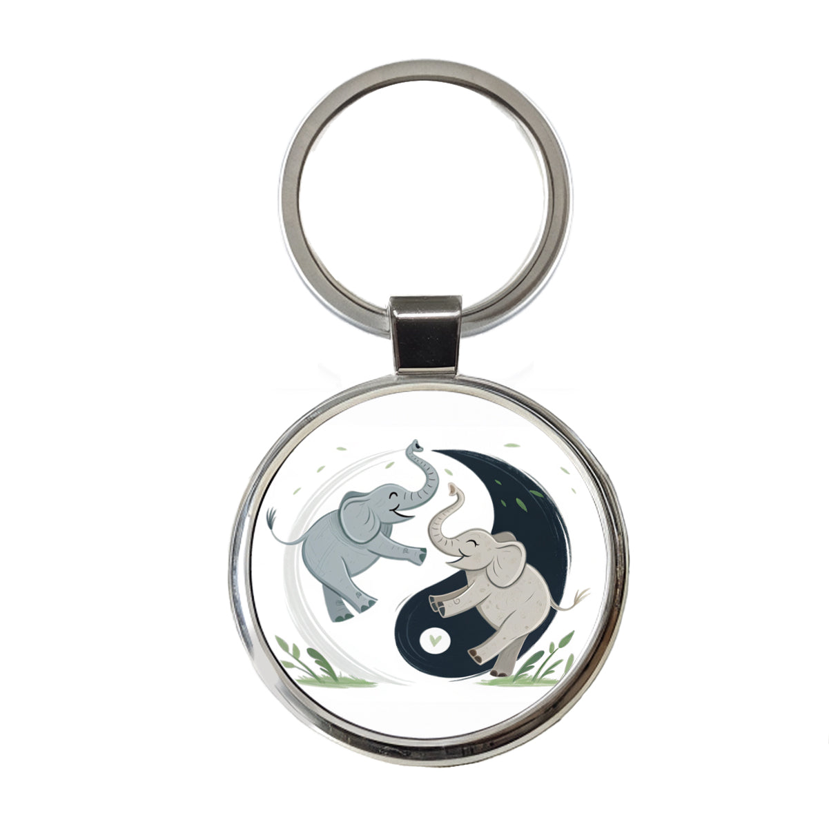 Two Elephants Yin Yang Cute Round Metal Keychain