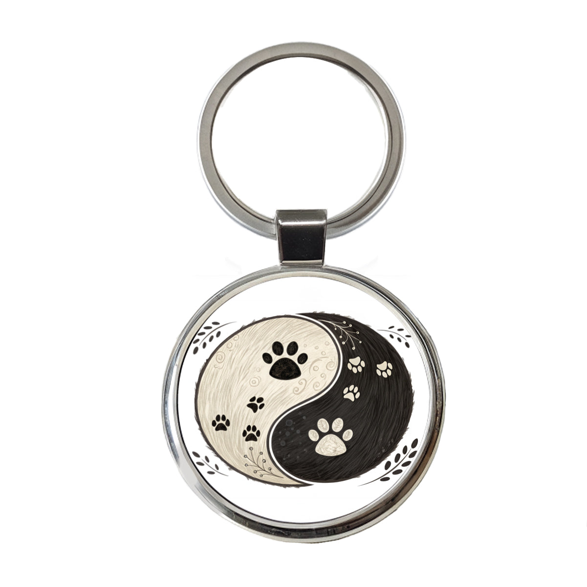 Two Paw Prints Yin Yang Dark Light Round Metal Keychain