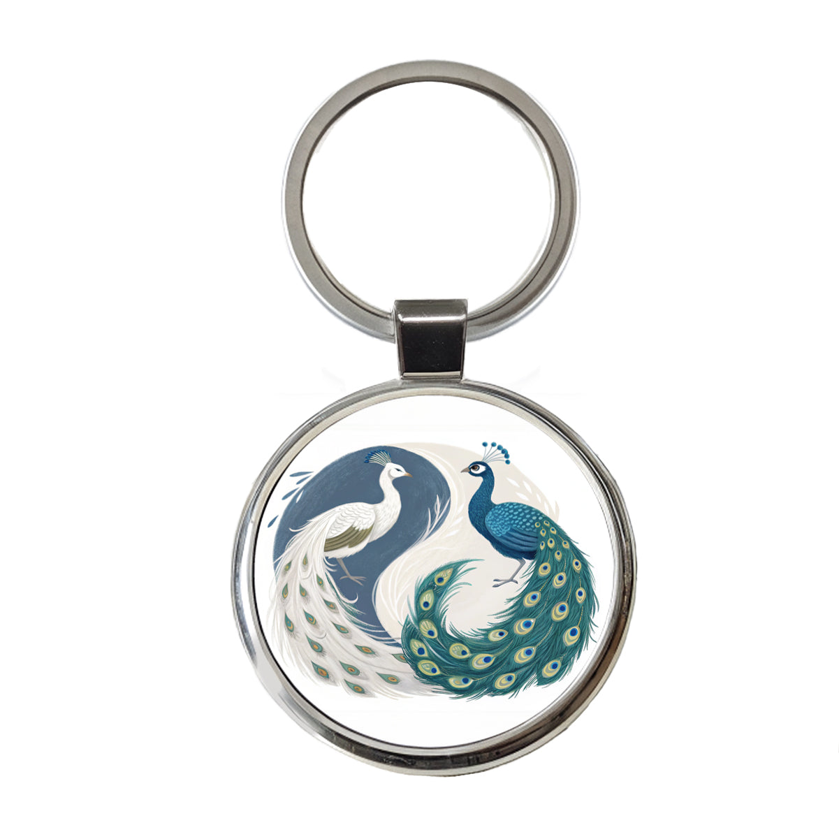 Two Peacocks Yin Yang Round Metal Keychain