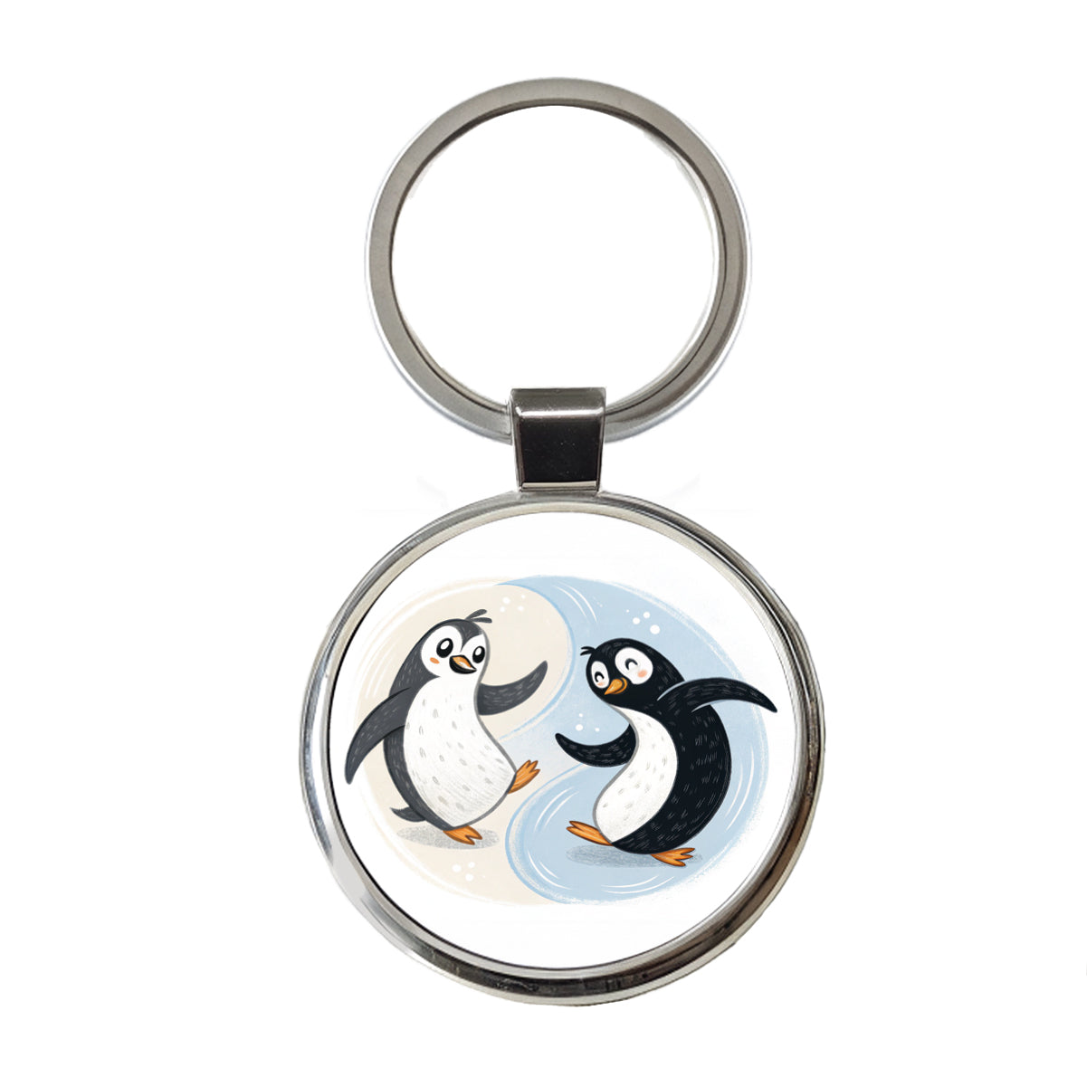 Two Penguins Yin Yang Cute Round Metal Keychain