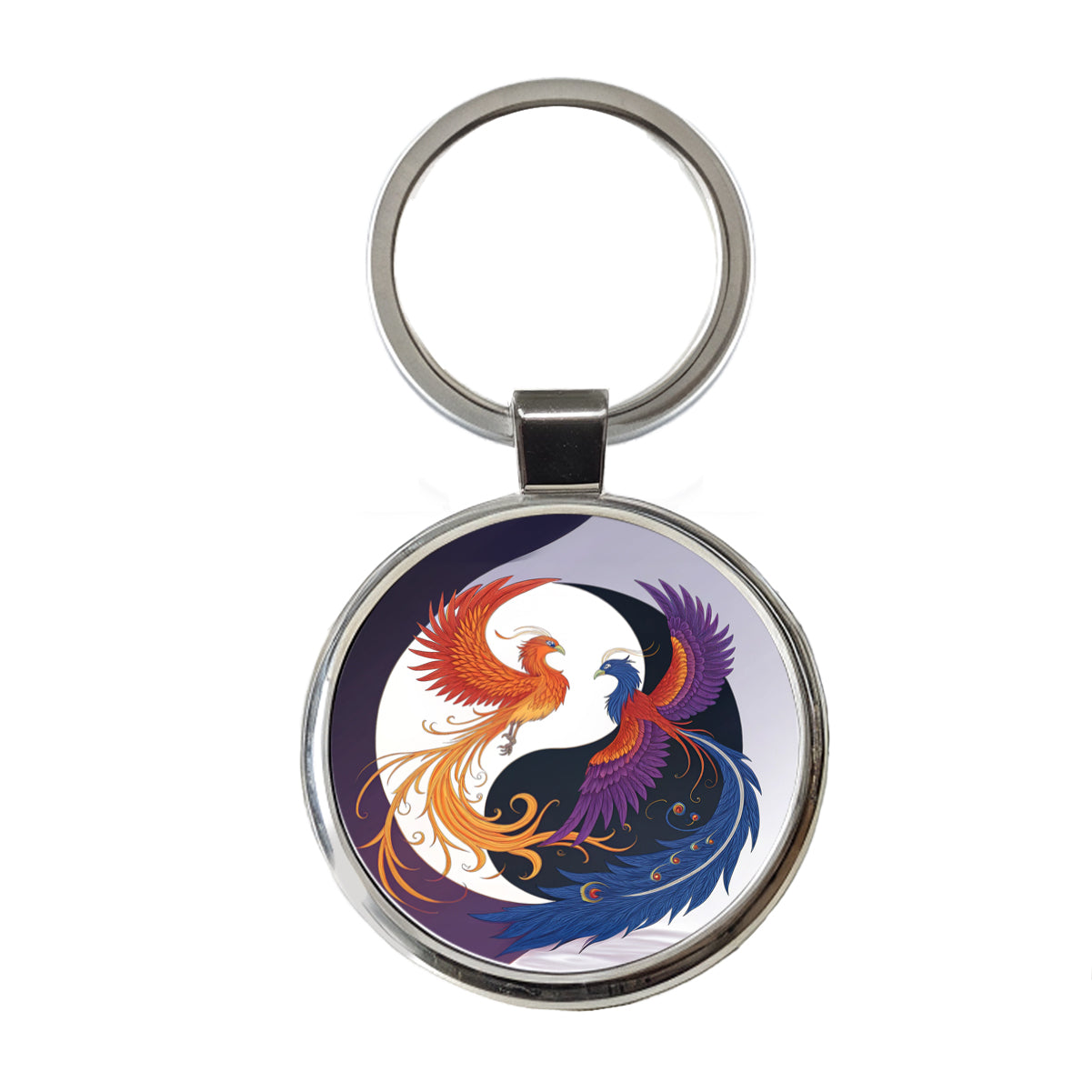 Two Phoenix Yin Yang Round Metal Keychain