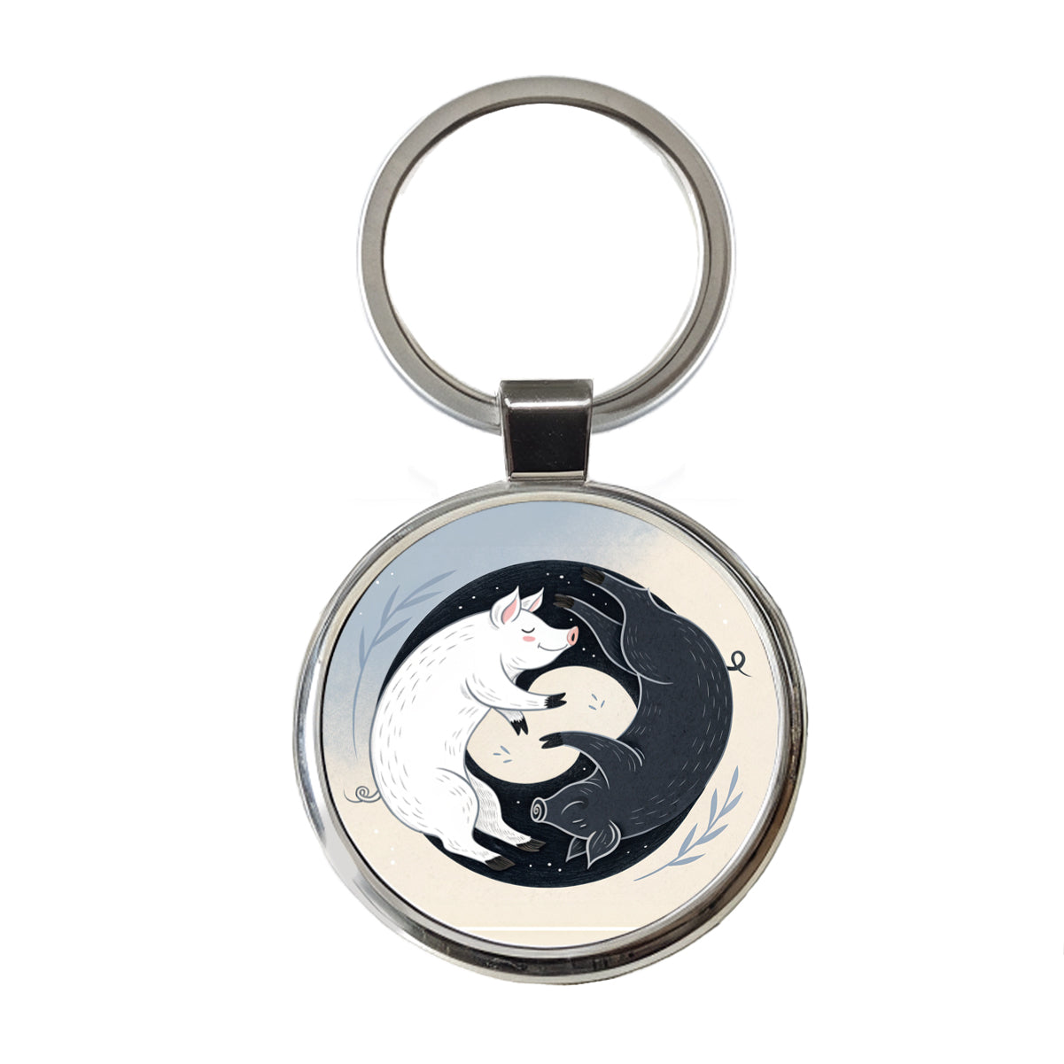 Two Pigs Yin Yang Black White Round Metal Keychain