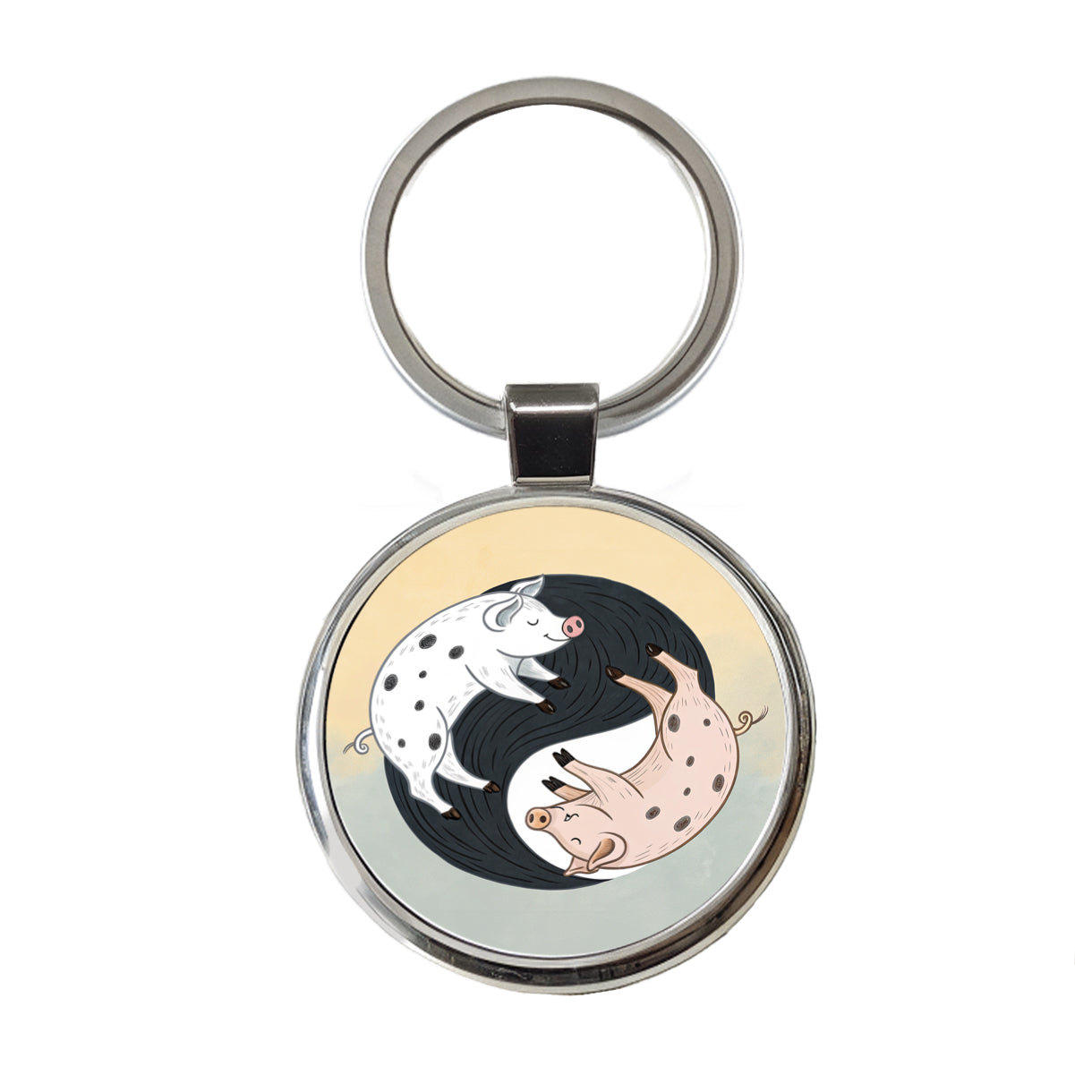 Two Pigs Yin Yang Sweet Round Metal Keychain