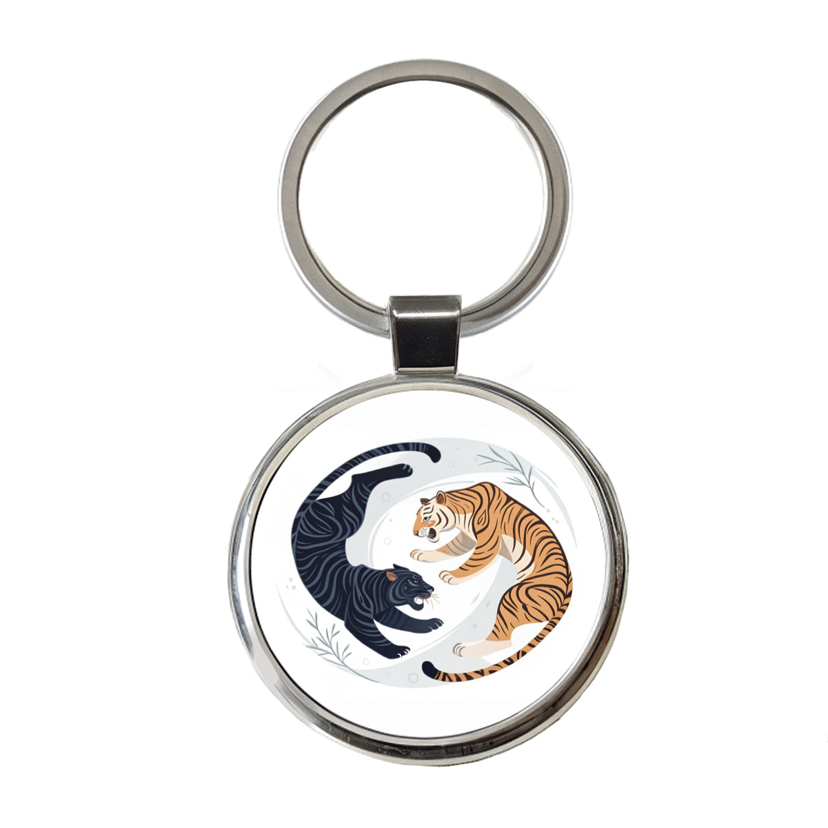 Two Tigers Yin Yang Illustration Round Metal Keychain