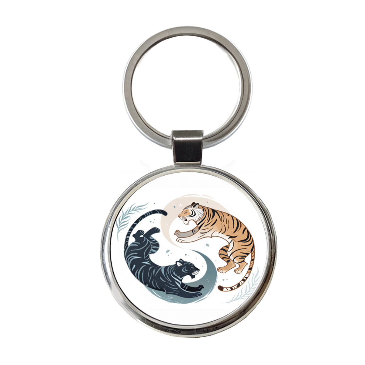 Two Tigers Yin Yang Orange Dark Round Metal Keychain