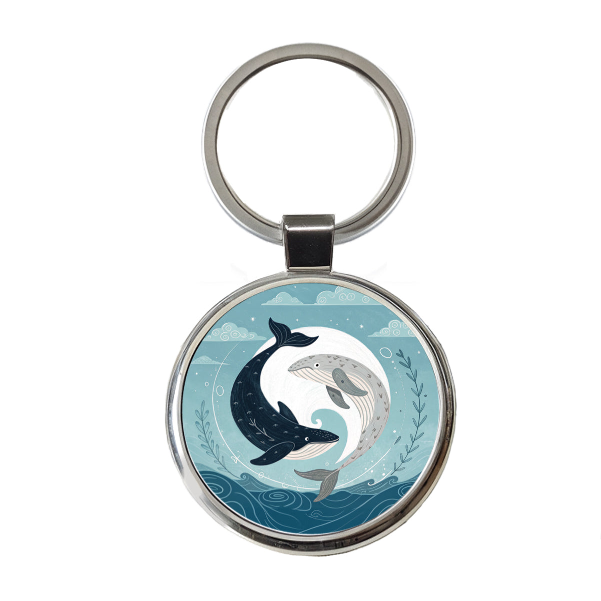 Two Whales Yin Yang Ocean Sky Round Metal Keychain