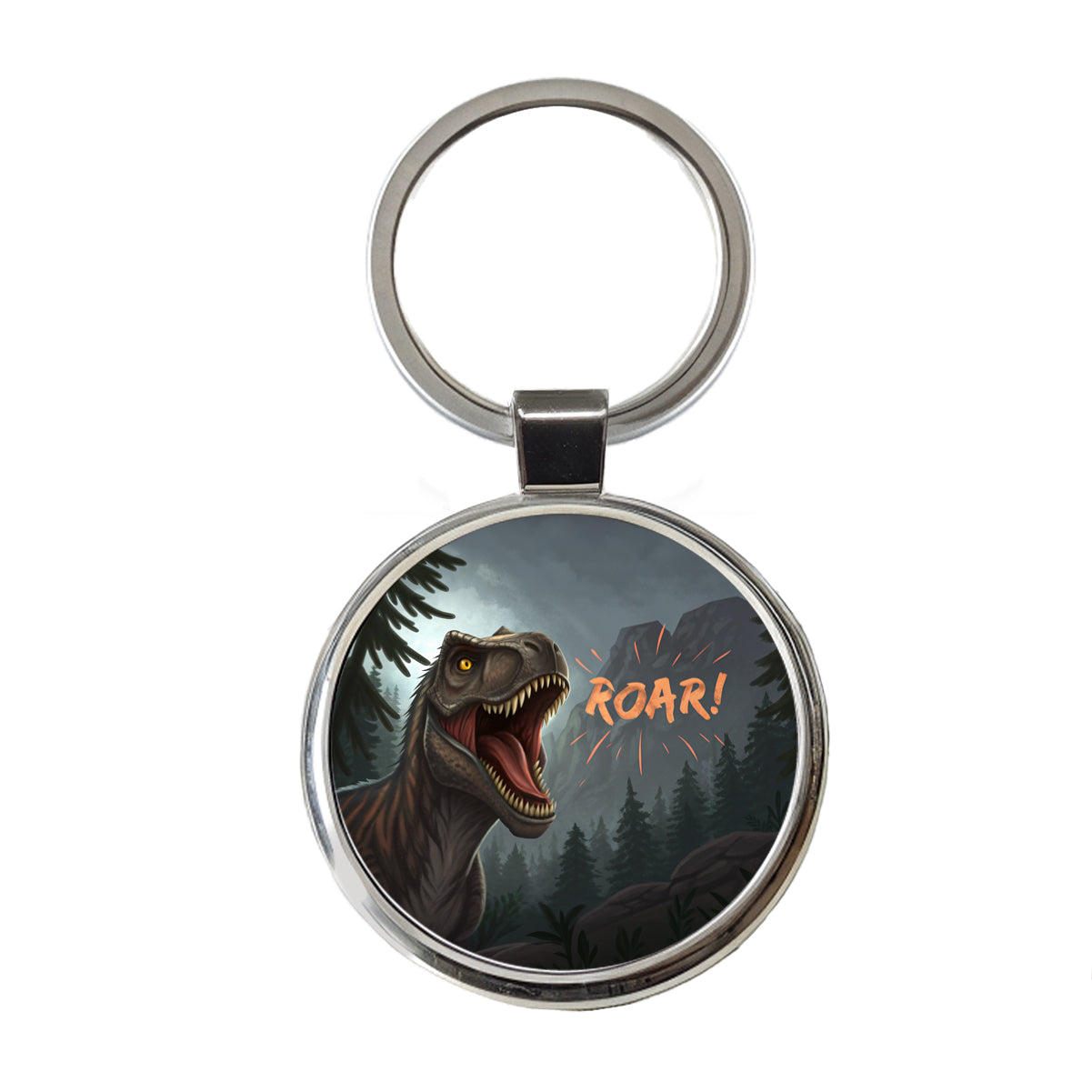 Tyrannosaurus T-Rex Dinosaur Roar Bold Text Round Metal Keychain