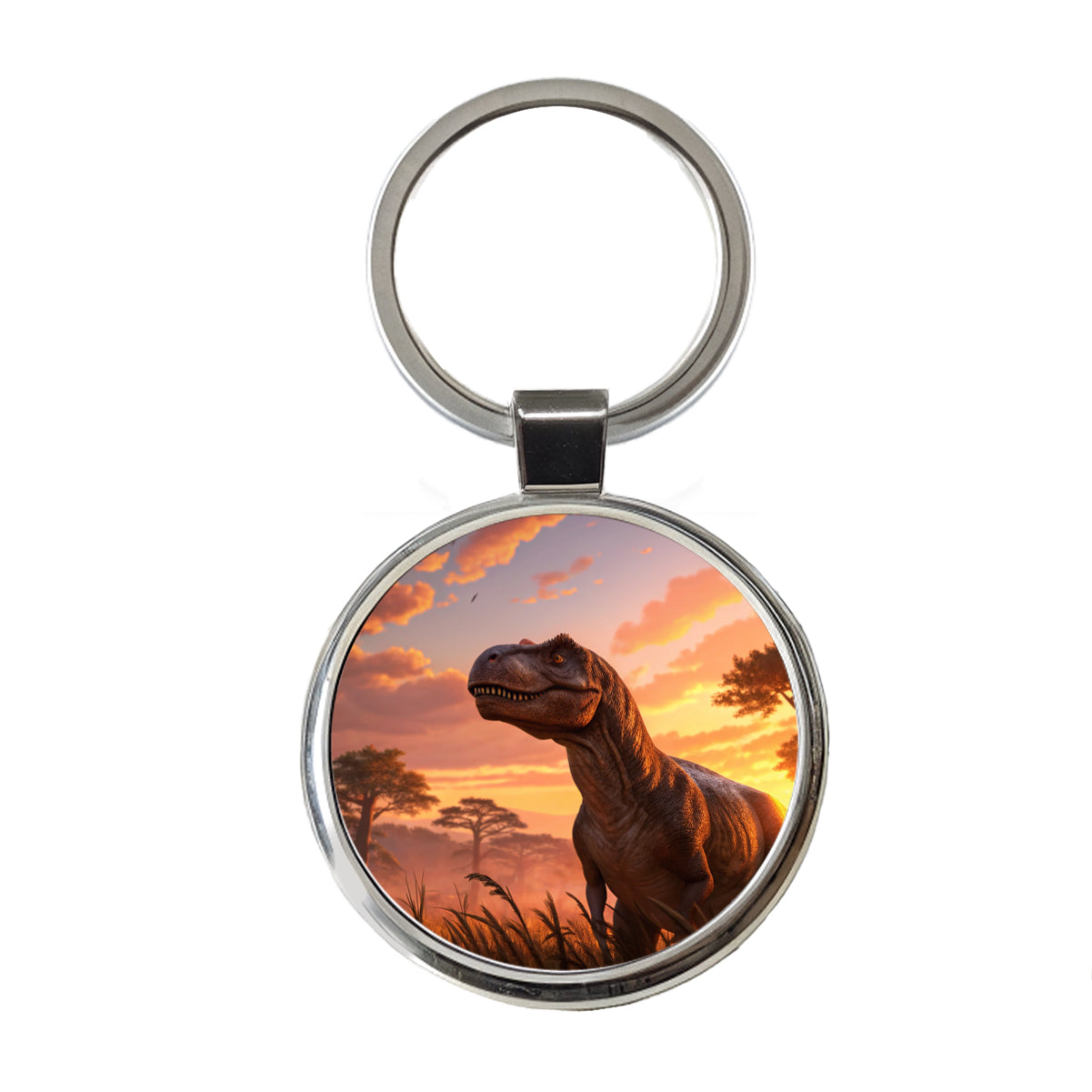 Tyrannosaurus T-Rex Dinosaur Sunset Sky Round Metal Keychain