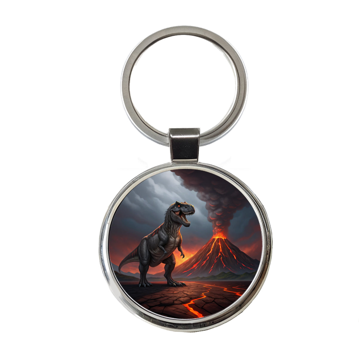 Tyrannosaurus T-Rex Dinosaur Volcano Erupting Round Metal Keychain
