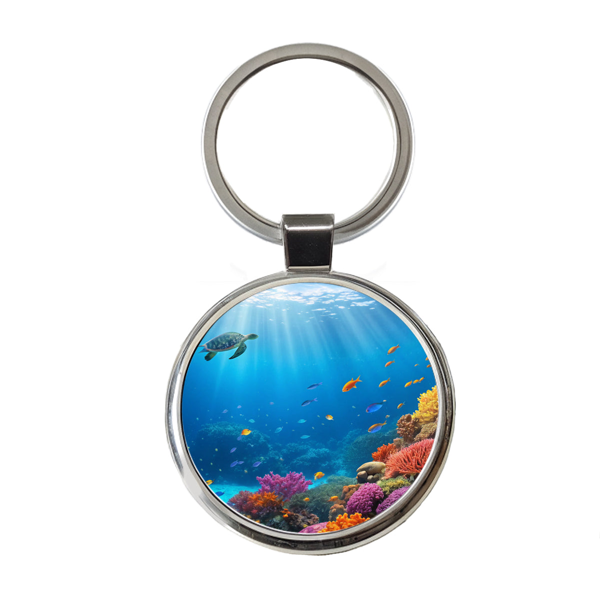 Underwater Scene Tropical Turtle Fish Coral Ocean Round Metal Keychain