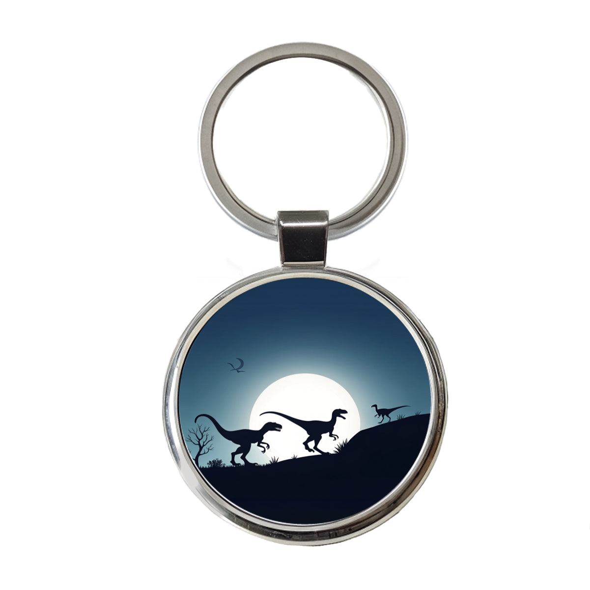 Velociraptor Silhouettes Dinosaurs Round Metal Keychain