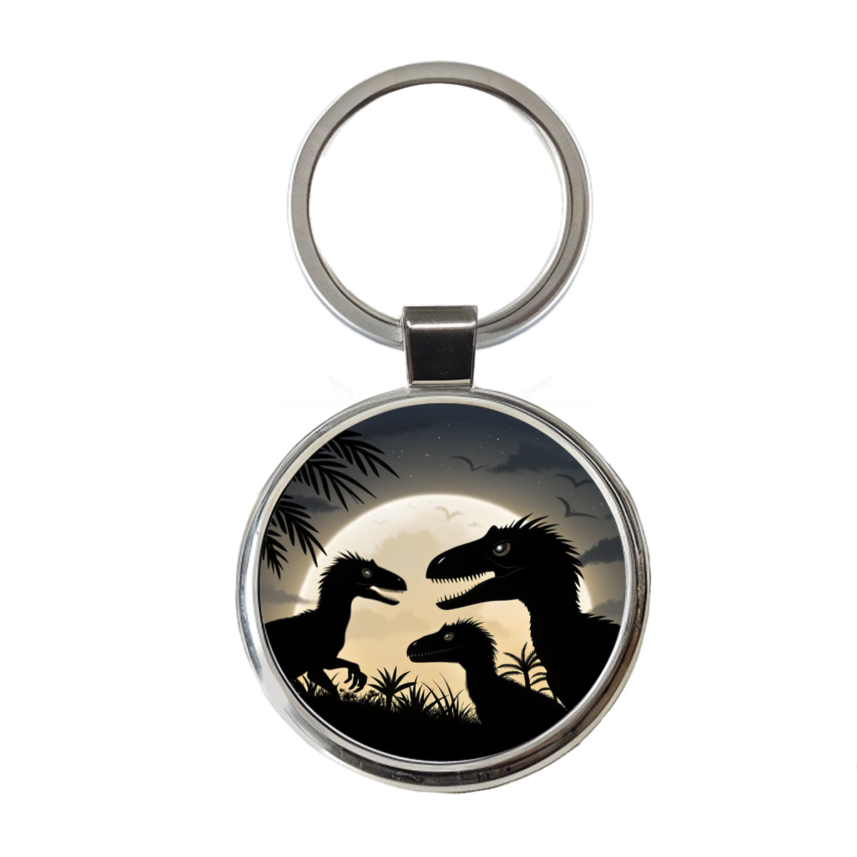 Velociraptor Silhouettes Night Dinosaur Round Metal Keychain