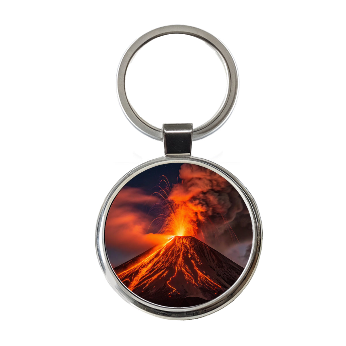 Volcano Erupting At Night Lava Round Metal Keychain