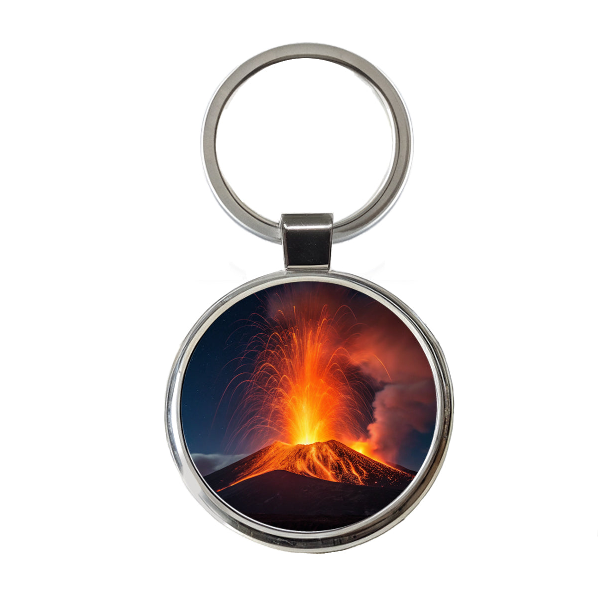 Volcano Erupting At Night Round Metal Keychain
