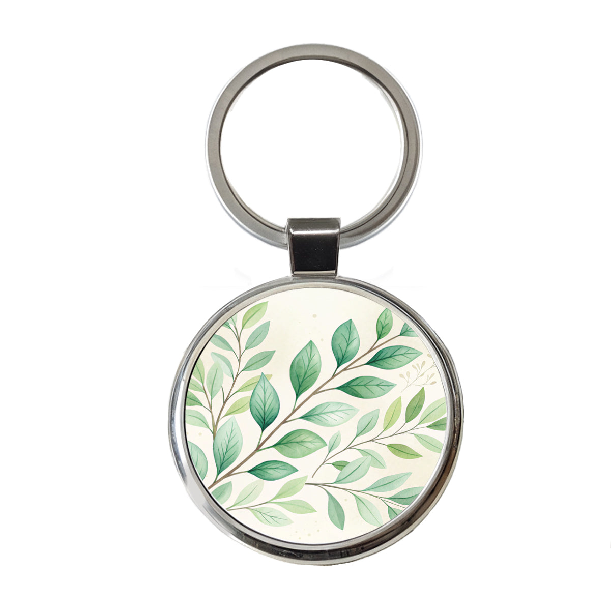 Watercolor Green Leaves And Branches Round Metal Keychain