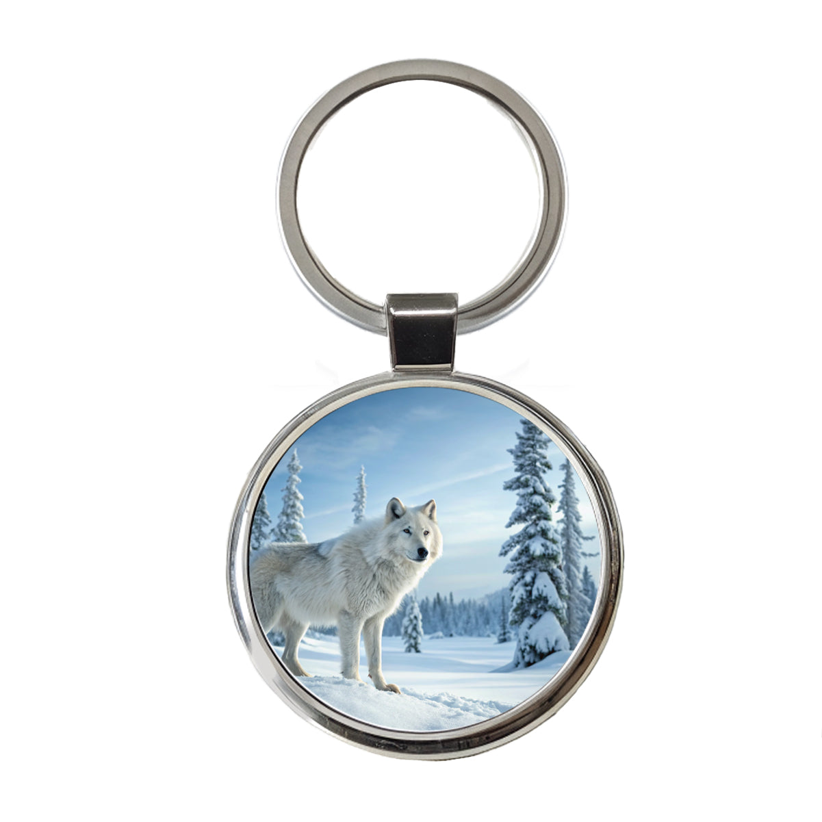 Wolf In Snow Scene Beautiful Round Metal Keychain