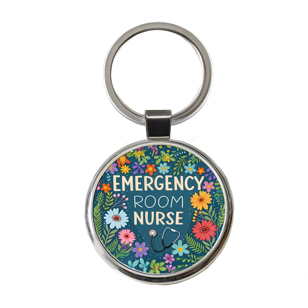 Emergency Room Nurse Appreciation Stethoscope Flowers Round Metal Keychain