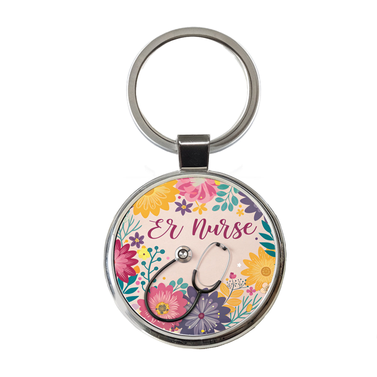 ER Emergency Room Nurse Appreciation Stethoscope Flowers Round Metal Keychain