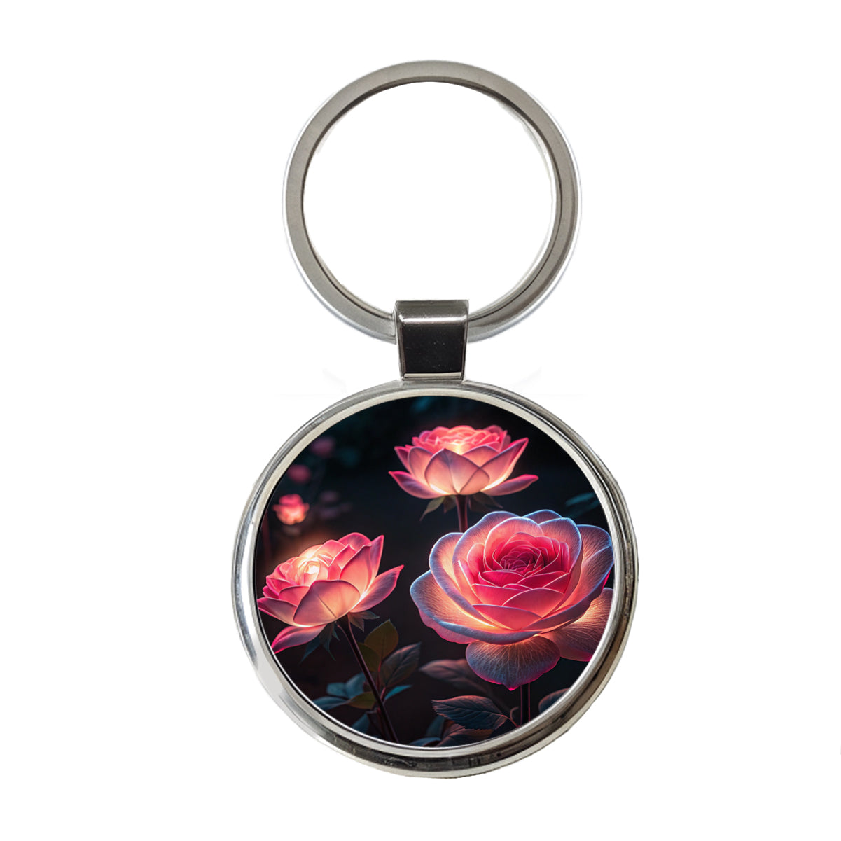 Glowing Pink Roses Beautiful Flowers Round Metal Keychain