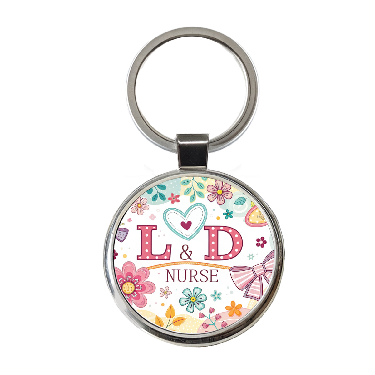 L & D Labor And Delivery Nurse Appreciation Coquette Bows Flowers Round Metal Keychain