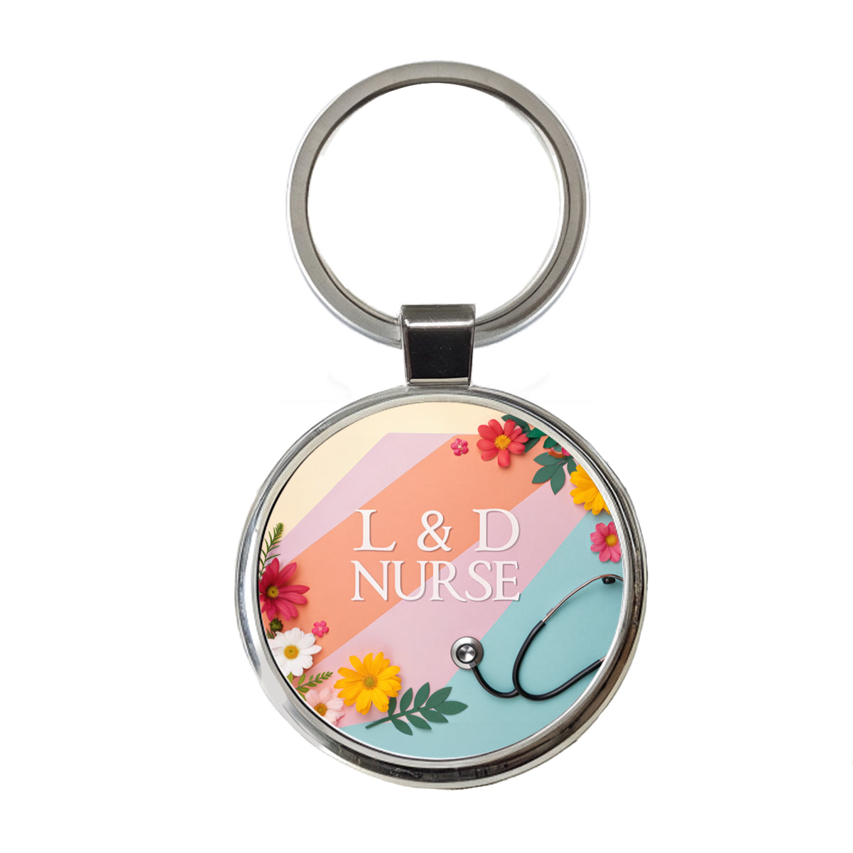 L & D Labor And Delivery Nurse Appreciation Stethoscope Flowers Round Metal Keychain