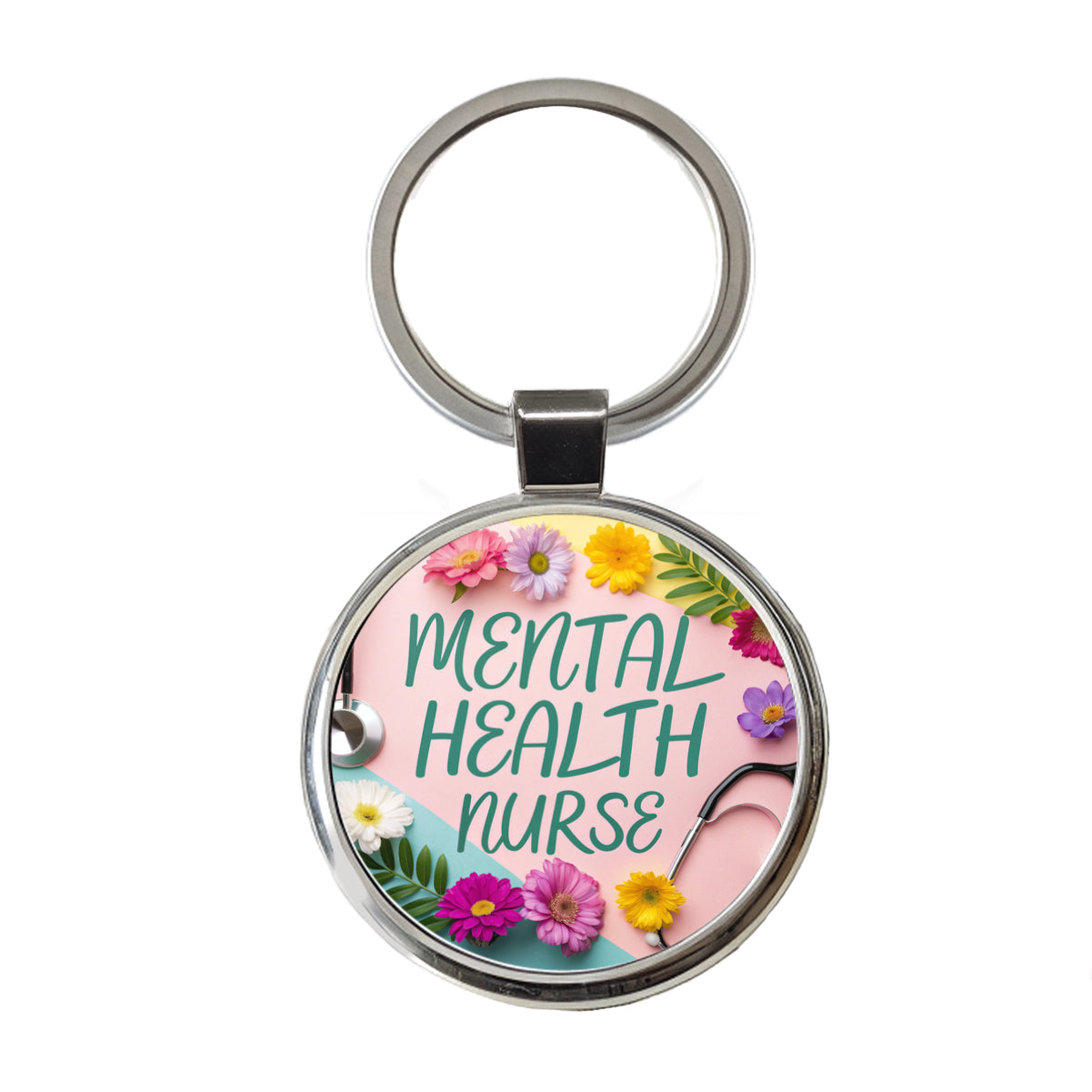 Mental Health Nurse Appreciation Stethoscope Flowers Round Metal Keychain